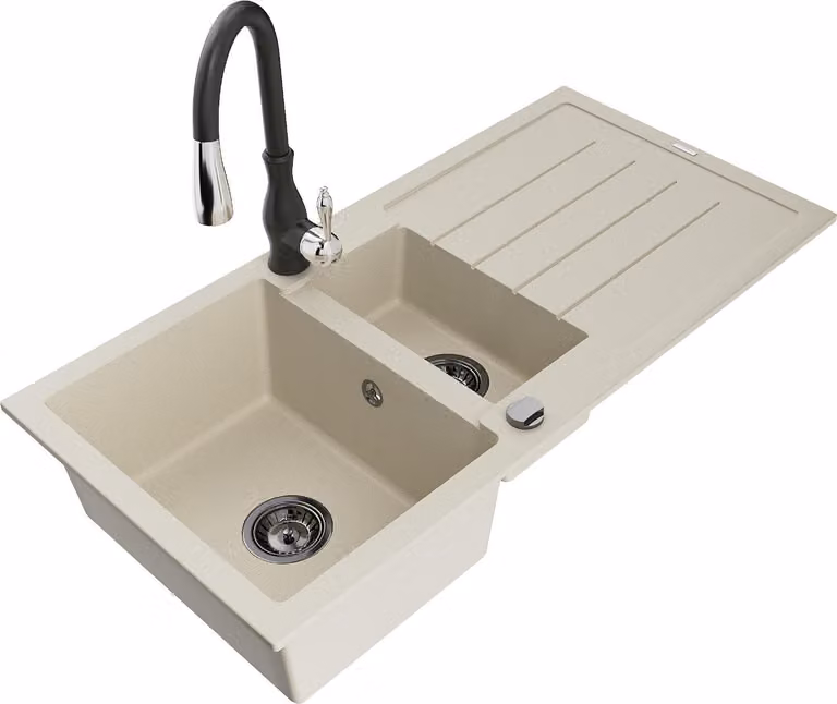 Mexen Andres lavello in granito 1,5 vasca con scolapiatti e rubinetto da cucina Savita, beige - 6515-69-672601-70