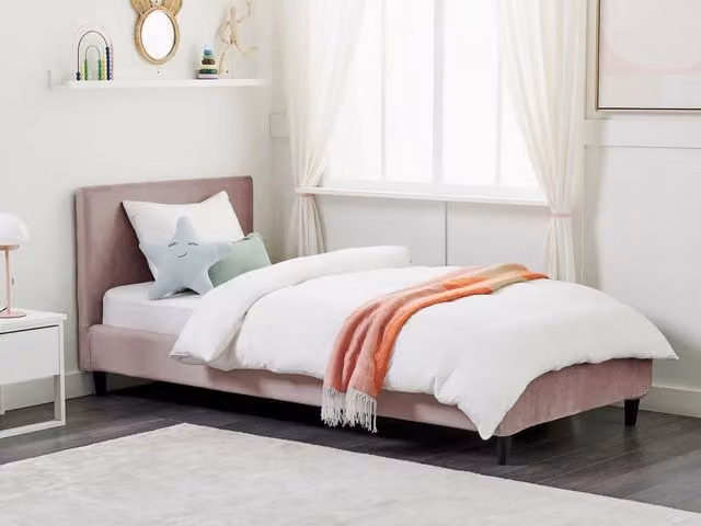 Letto singolo Beliani in velluto rosa con rete a doghe in legno, stile moderno per camera da letto o cameretta, L/P/H: 90 x 200 cm – 1