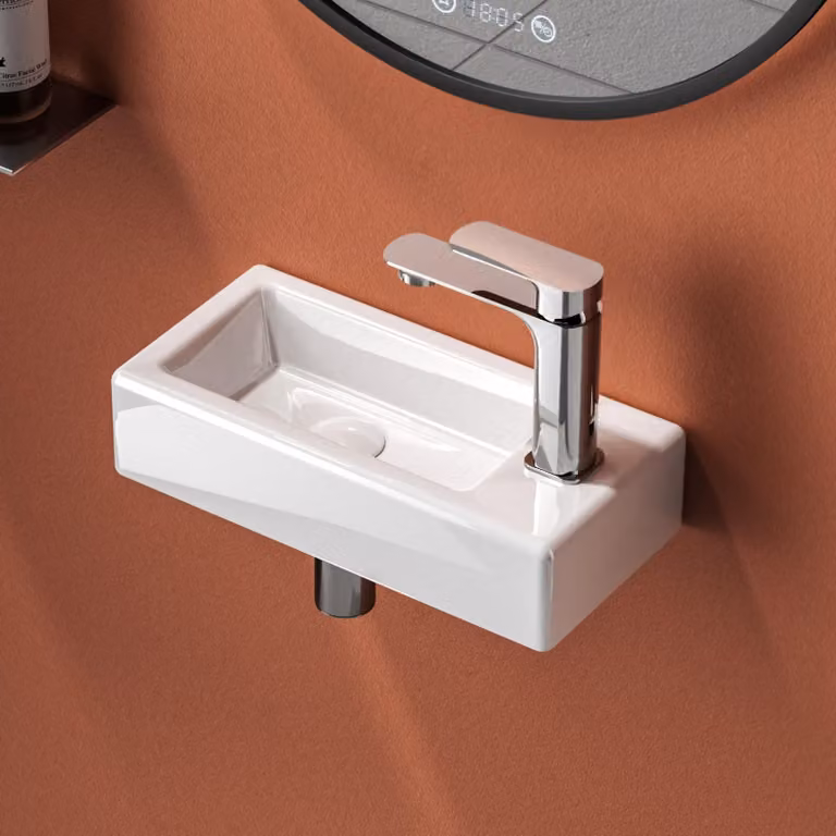 Lavabo rettangolare EMKE, Vetroceramica, 36,5 x 18 x 9 cm, bianco lucido, lavabo sospeso, foro rubinetto a destra