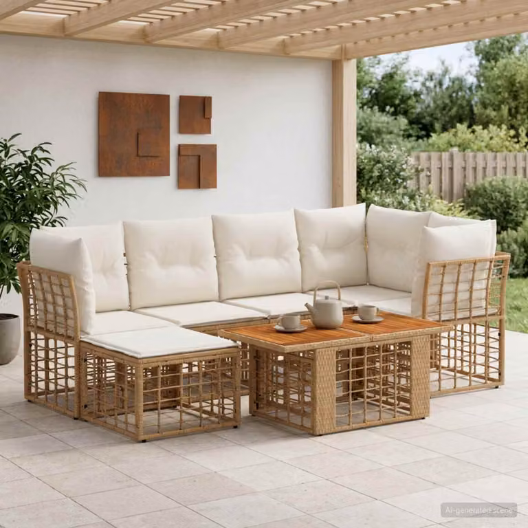 Set Divano da Giardino vidaXL 7 Pezzi in Polyrattan con Cuscini, Colore Naturale e Bianco Crema