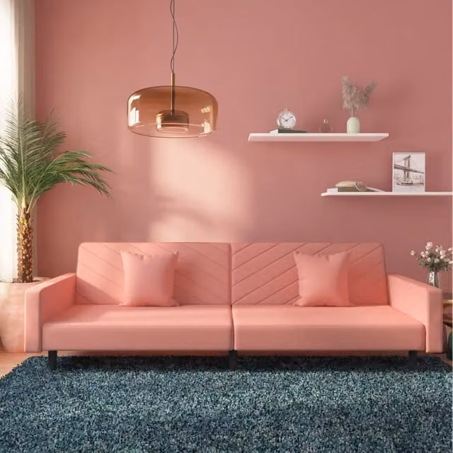 Divano Letto a 2 Posti con 2 Cuscini Rosa in Velluto 375921