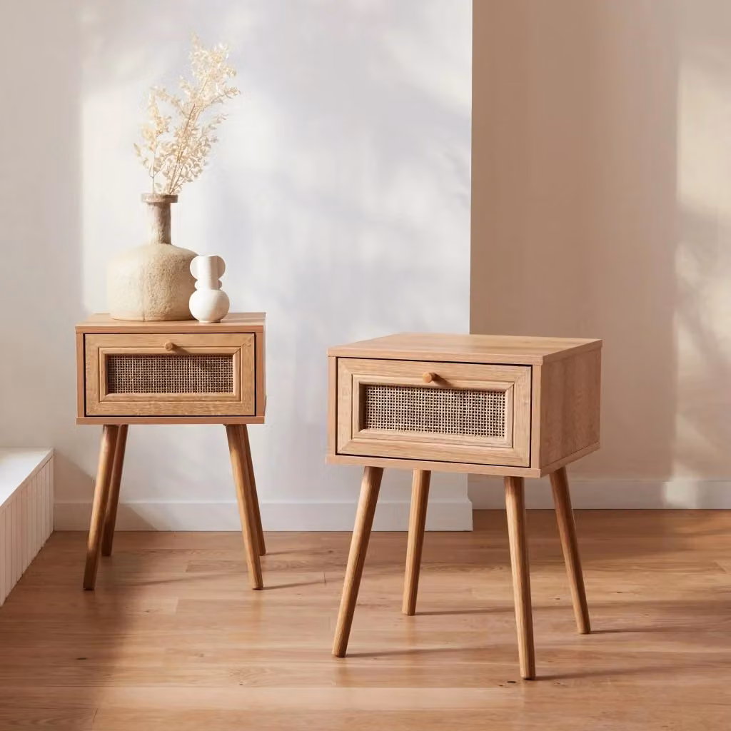 Set di 2 comodini moderni Sweeek in legno e rattan, marrone – 2