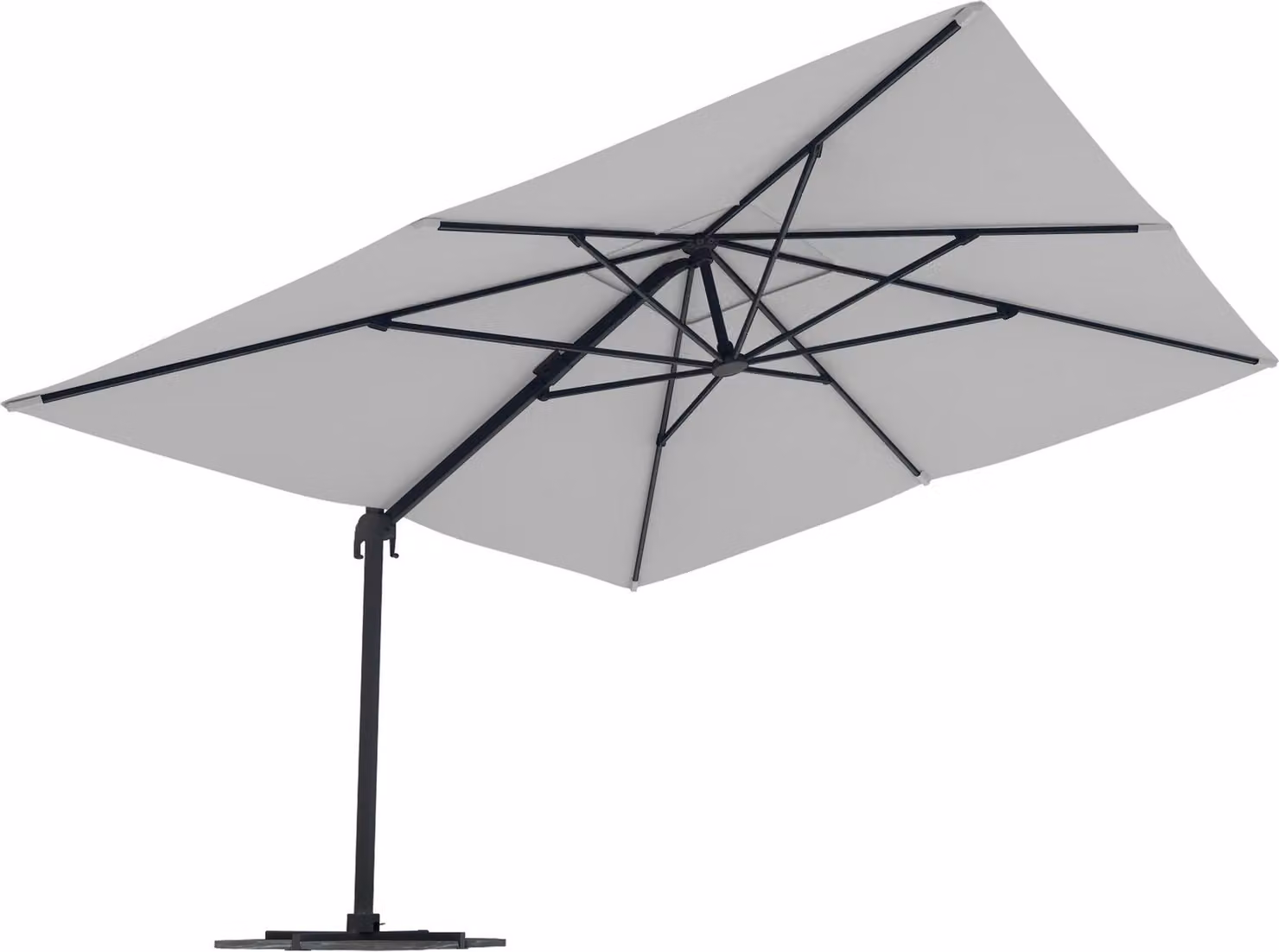 Ombrellone da giardino rettangolare 4x3 metri, ideale per terrazza, con sistema di rotazione e manovella. Struttura bianca, traversa di supporto grigia. Offre protezione dai raggi UV. Parapendio, parasole