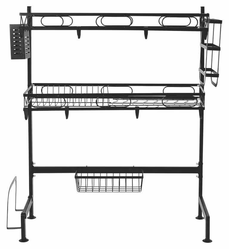 Portaoggetti da appoggio per lavello - Scaffale a 2 piani per stoviglie - Acciaio al carbonio, capacità di carico 10 kg - Porta posate e coltelli - Porta tagliere - Colore nero