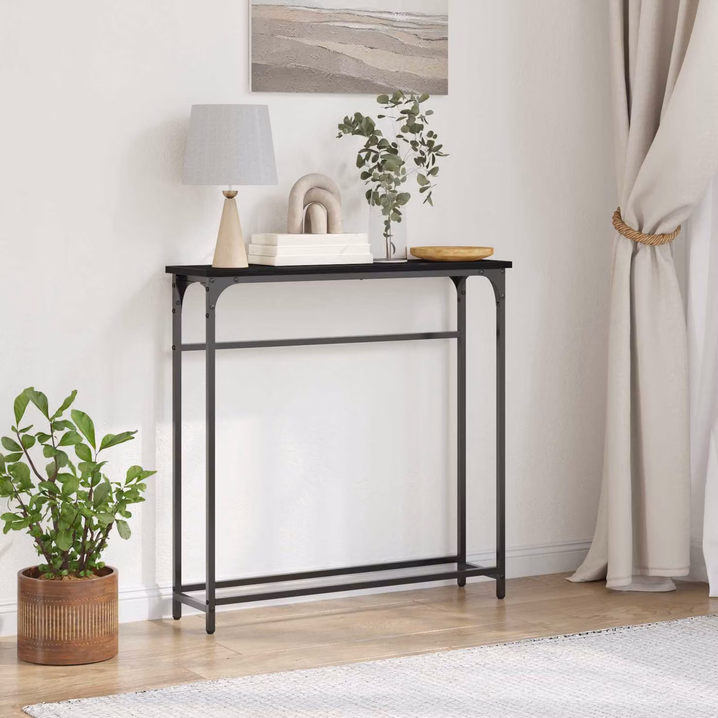 vidaXL Tavolo consolle in stile industriale nero e rovere L: 75 cm, P: 19,5 cm, H: 75 cm