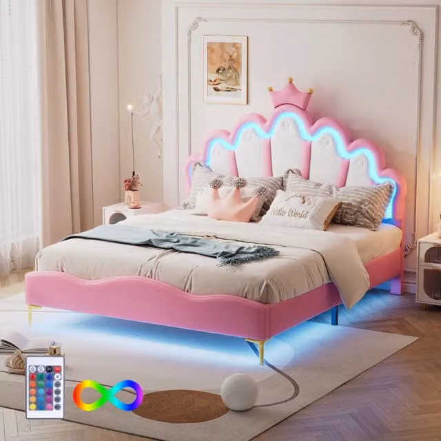 Letto matrimoniale 140×200 cm con LED regolabili, testiera a corona imbottita, senza materasso, rosa in PU