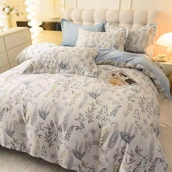 Set di lenzuola in microfibra traspirante 100%, per letto singolo, colore blu con motivo floreale, copripiumino e federe reversibili, con cerniera