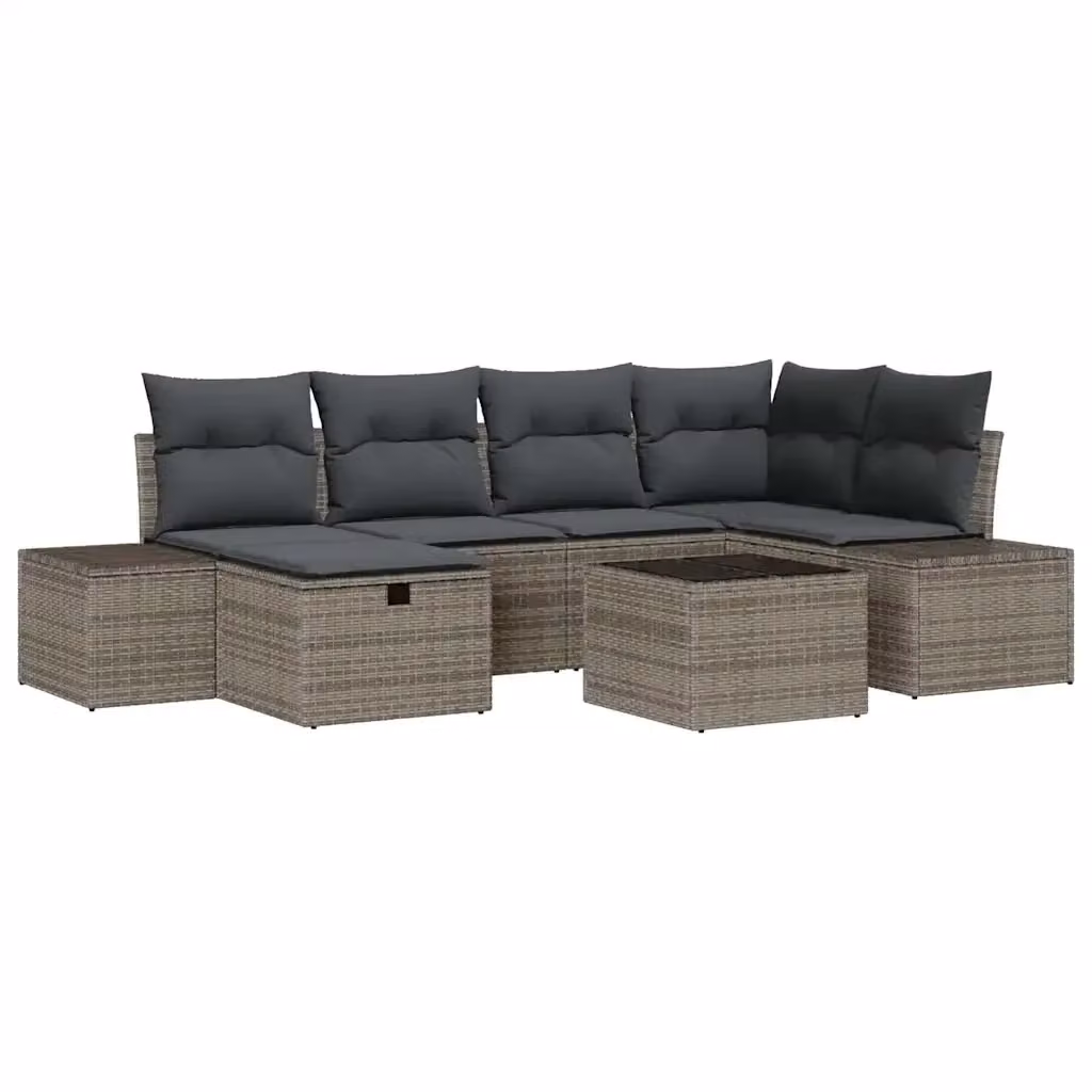Set di divani da giardino vidaXL in rattan grigio con 7 pezzi, compresi cuscini e tavolino da esterno, design moderno a forma di L con struttura in acciaio verniciato a polvere – 2
