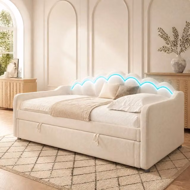 Letto singolo 90 × 200 cm con vano contenitore idraulico in velluto beige con testiera ondulata e LED
