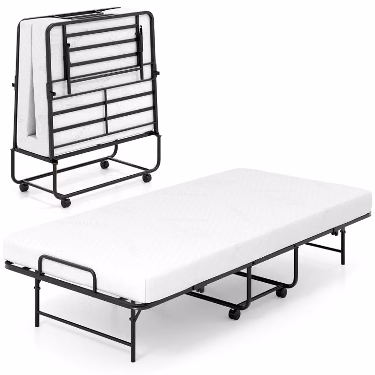 COSTWAY letto per ospiti 90x190cm con materasso, letto singolo pieghevole, letto stabile in metallo fino a 220kg, letto portatile letto pieghevole letto pieghevole su ruote bianco