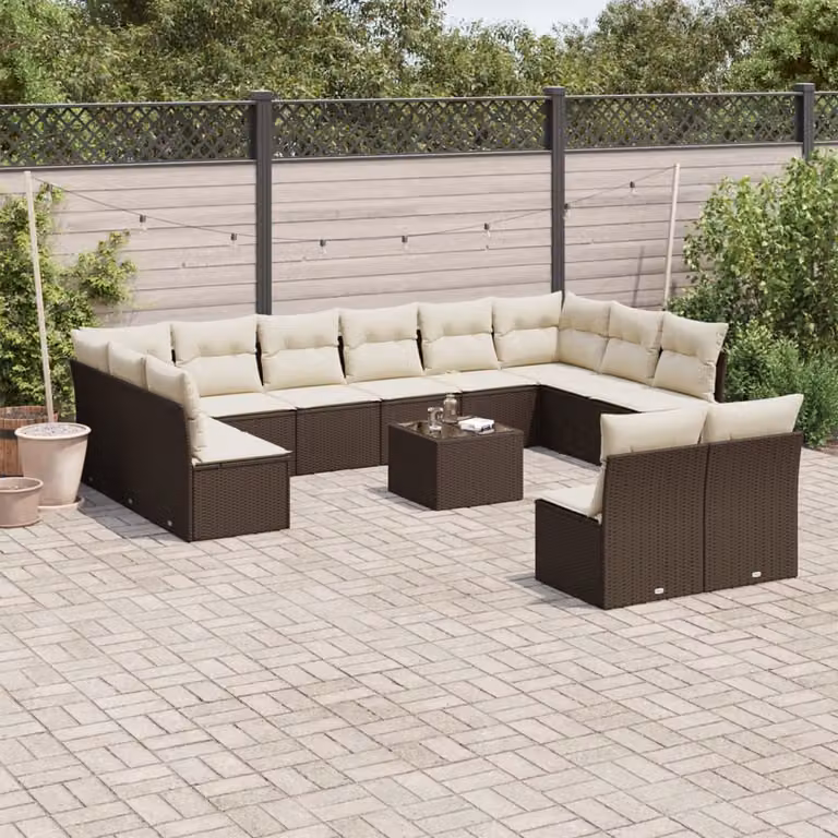 vidaXL Set Divani da Giardino 13 pz a Forma a U con Cuscini Marroni e Tavolino in Polyrattan e Acciaio