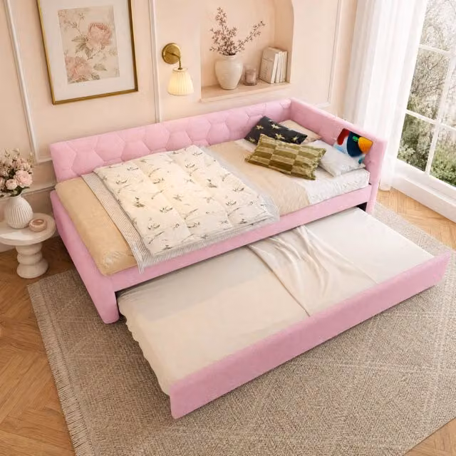 Letto da giorno ULEVR 90x200 cm in boucl¨¦ rosa con letto estraibile, luce da comodino, USB e Type-C