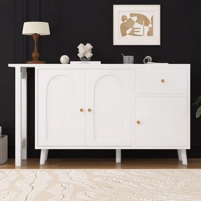 Scrivania multifunzione 2 in 1 WISHDOR con sideboard girevole 360°, 3 ante e 1 cassetto, colore bianco e oro – 1