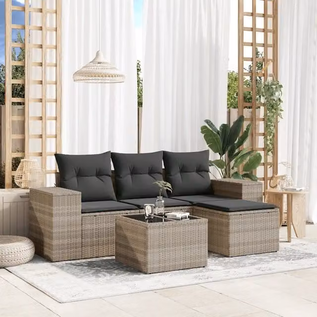 Set Divano da Giardino a L vidaXL in Polyrattan Grigio con Cuscini e Tavolino da Esterno