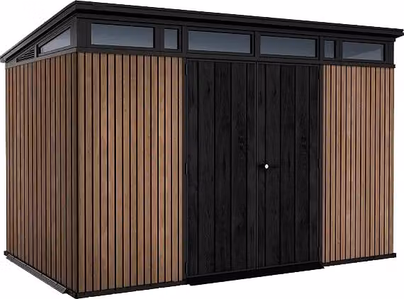 Casetta da giardino in resina Keter Pent 11x7 Signature Venetian effetto legno con doppia porta e pavimento L: 342 cm, P: 218 cm, H: 226 cm – 1