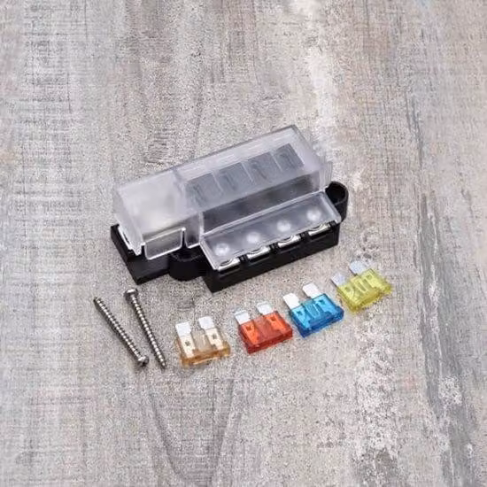 Scatola di derivazione a 4 vie impermeabile per il settore automobilistico, in metallo, 9,5 x 4,2 cm, con viti e fusibili da 5 A, 10 A, 15 A e 20 A, per barche, navi, autocarri e automobili, nera