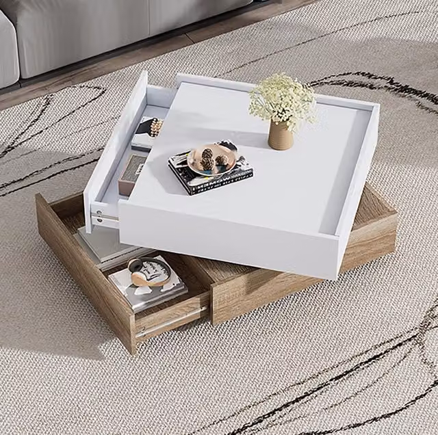 Tavolino Multifunzionale Girevole 360°, Piano in Truciolare Bianco e Noce, 60x60x38 cm