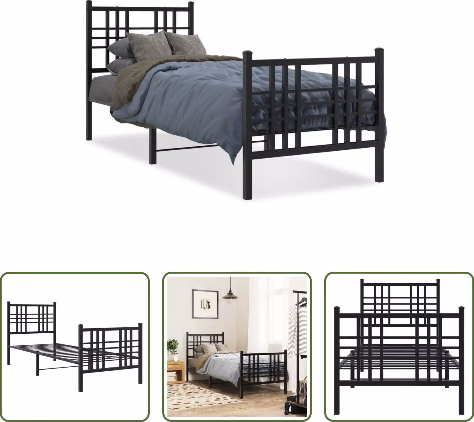 The Living Store Struttura letto con testiera e pediera in metallo nero 80x200 cm