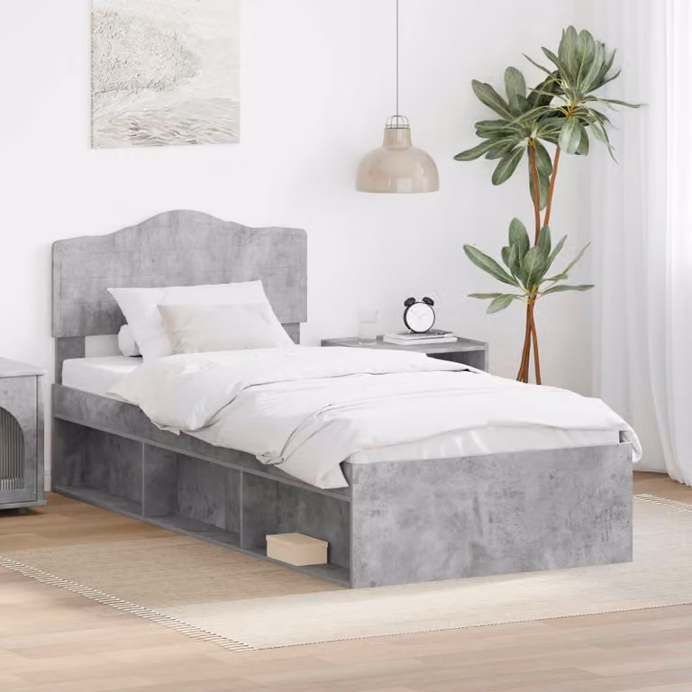 Struttura del letto moderna vidaXL in pino massello e materiali misti, colore grigio cemento, L/P/H: 100 x 200 x 90 cm