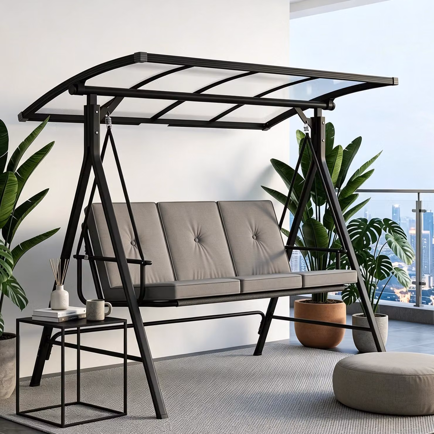 Altalena da esterno BEALIFE, modello 3 posti, con tetto e cuscini | Capacità di carico: 230 kg | Altalena per giardino, ideale per terrazza e giardino | Colore: grigio | Modello: CD02