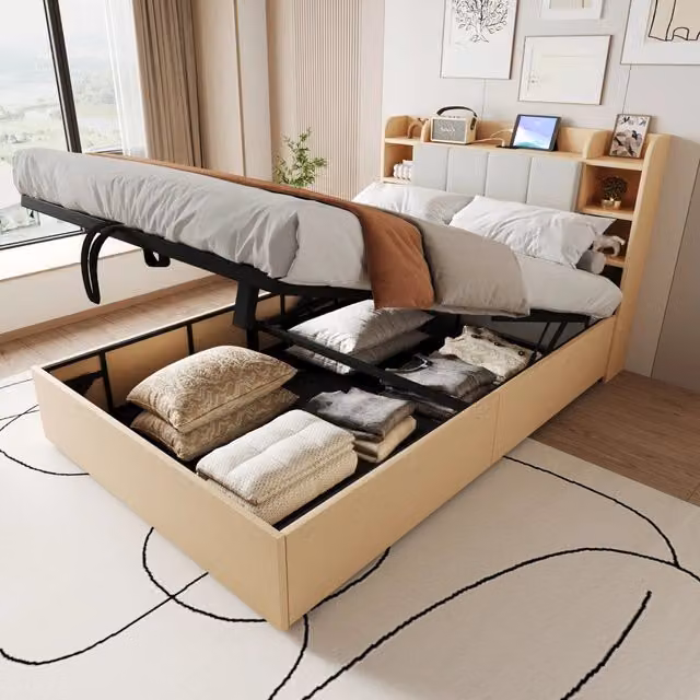 Letto multifunzione WISHDOR con contenitore idraulico e testiera portaoggetti con porte USB/Type-C, rivestimento in tessuto beige o marrone, L/P/H: 140 x 200 x 144,5 cm