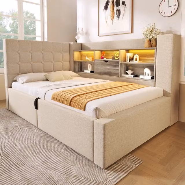 Letto singolo 90×200 cm con contenitore idraulico, LED regolabili e 4 porte USB, senza materasso, beige