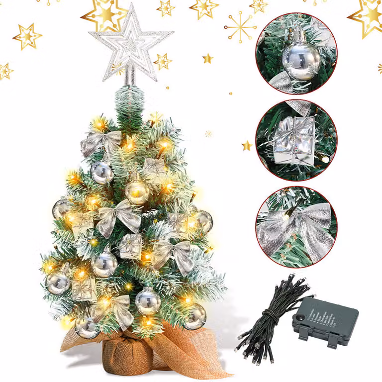 Clanmacy Albero di Natale Artificiale LED Abete 40 cm Albero di Natale Illuminato Decorazione natalizia Albero decorativo di luci, Argento