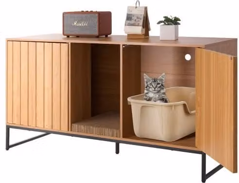 Mobiletto per Lettiera per Gatti VEVOR con Tiragraffi e Contenitore, Tavolino Impermeabile Marrone, L: 120 cm