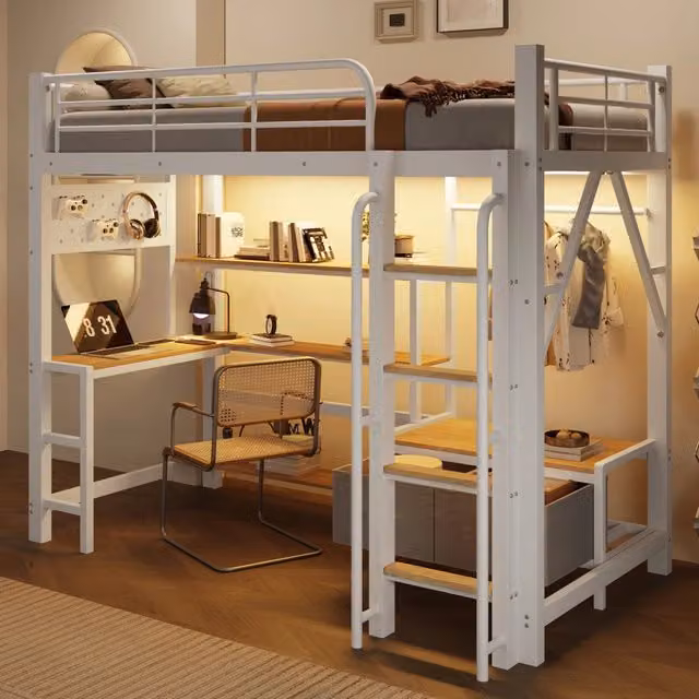 Letto a soppalco ¨C Minimal ¨C Bianco, metallo, 90x200 cm, con cassetti e scrivania con luci LED