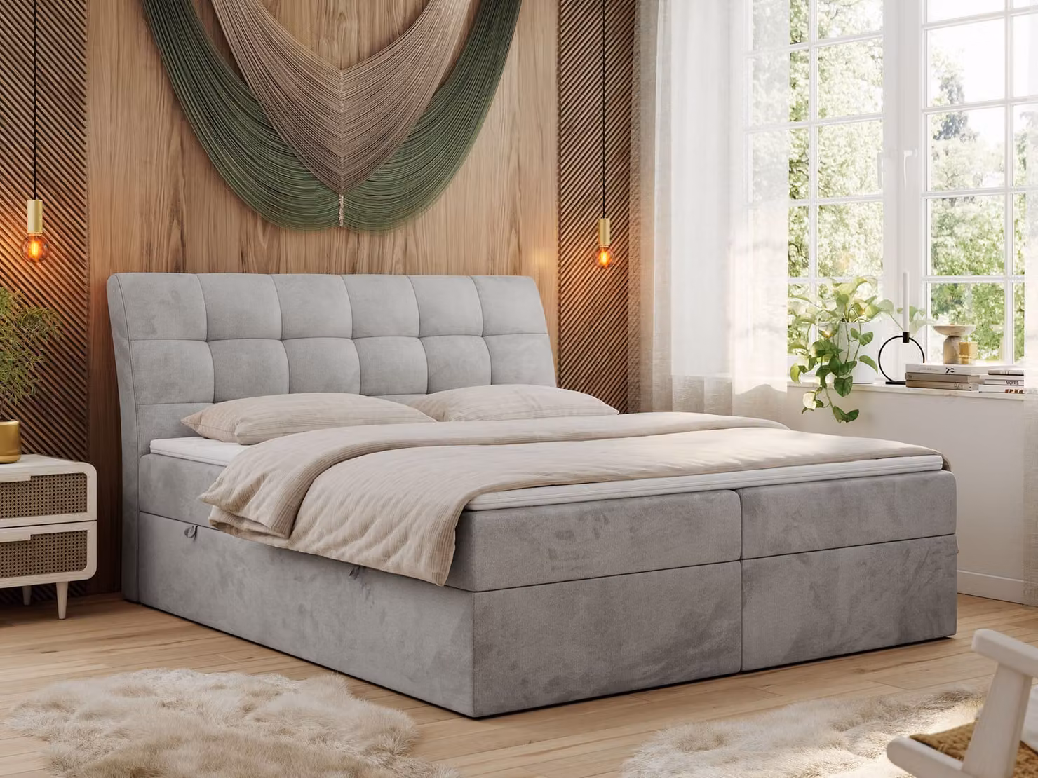 Letto boxspring 140x200 con materasso, letto con sistema a molle insacchettate - Materasso H3 e topper, letto imbottito 140x200 con contenitore e testiera, DIEGOS - 140x200 - Grigio chiaro - Velvet - H3