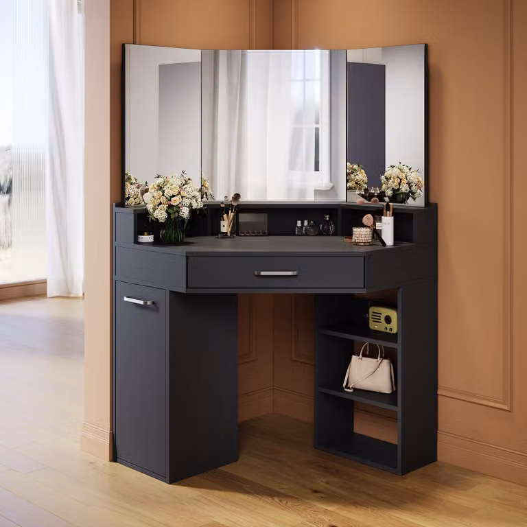 SONNI 141,5 x 54 x 111 cm Comodino nero con cassetti, specchi mobili a destra e a sinistra