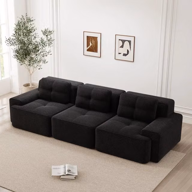 Divano modulare ad angolo in corduroy con seduta profonda, base antiscivolo, braccioli larghi e senza montaggio, nero