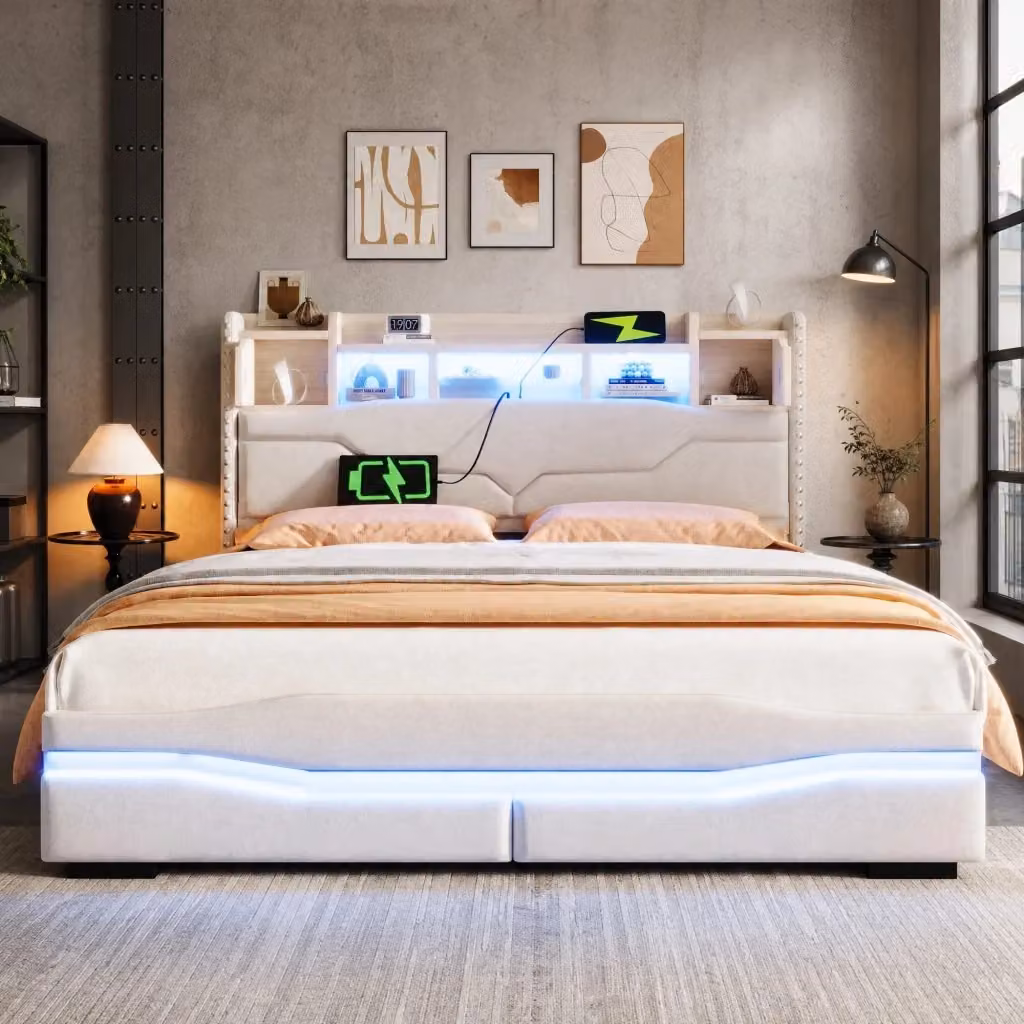 Letto Imbottito REDOM Beige con Vano Contenitore Idraulico, Illuminazione LED, Porta USB e Ripiano Integrato L/P: 160 x 200 cm – 2