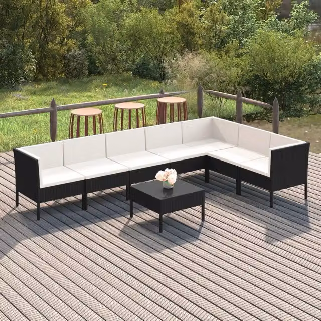 Set di Divani da Giardino a L con Cuscini vidaXL, 8 Pezzi, Nero e Bianco – 1