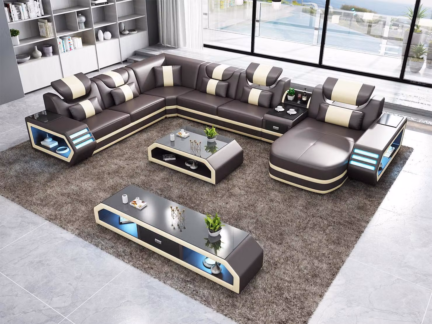 Ecksofa U-Form Couchtisch Wohnlandschaft Polster Eckcouch Couch Leder Ecksofa