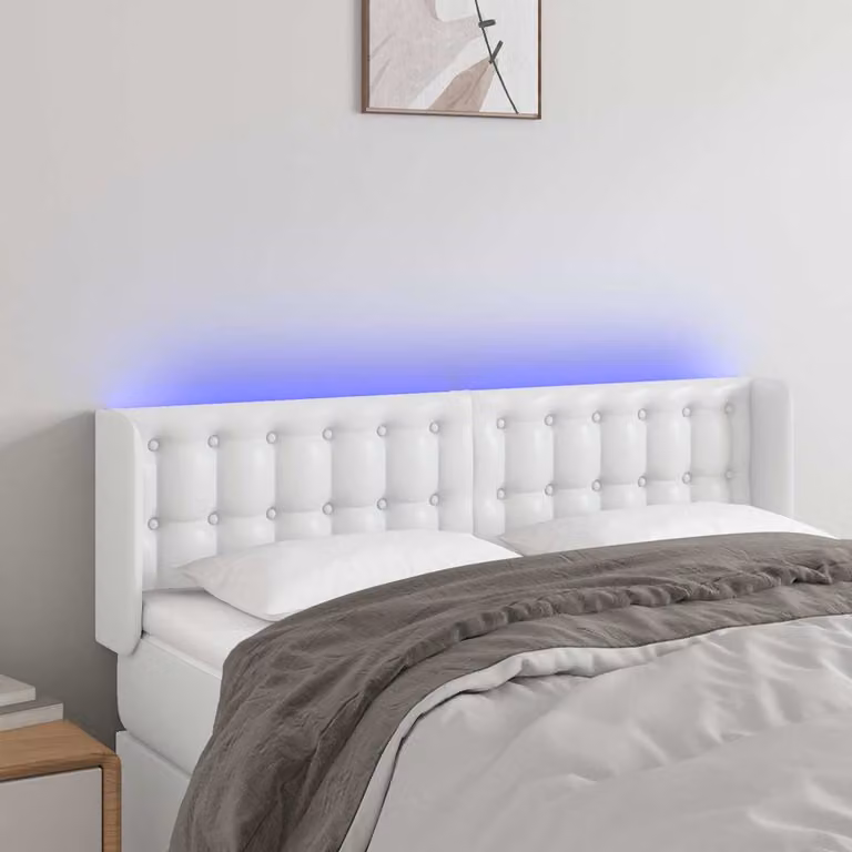Testiera per letto vidaXL in similpelle bianca con illuminazione LED e porta di ricarica USB, L: 147 cm, P: 16 cm, H: 78/88 cm