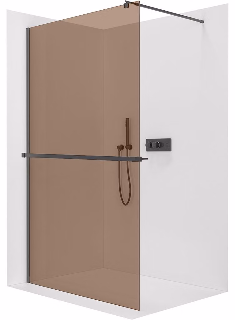 CERANO - Box doccia Walk-in Onyx Round L/P - 8 mm + mensola/portasciugamani - montante rotondo - nero opaco, vetro bronzo - 90x200 cm