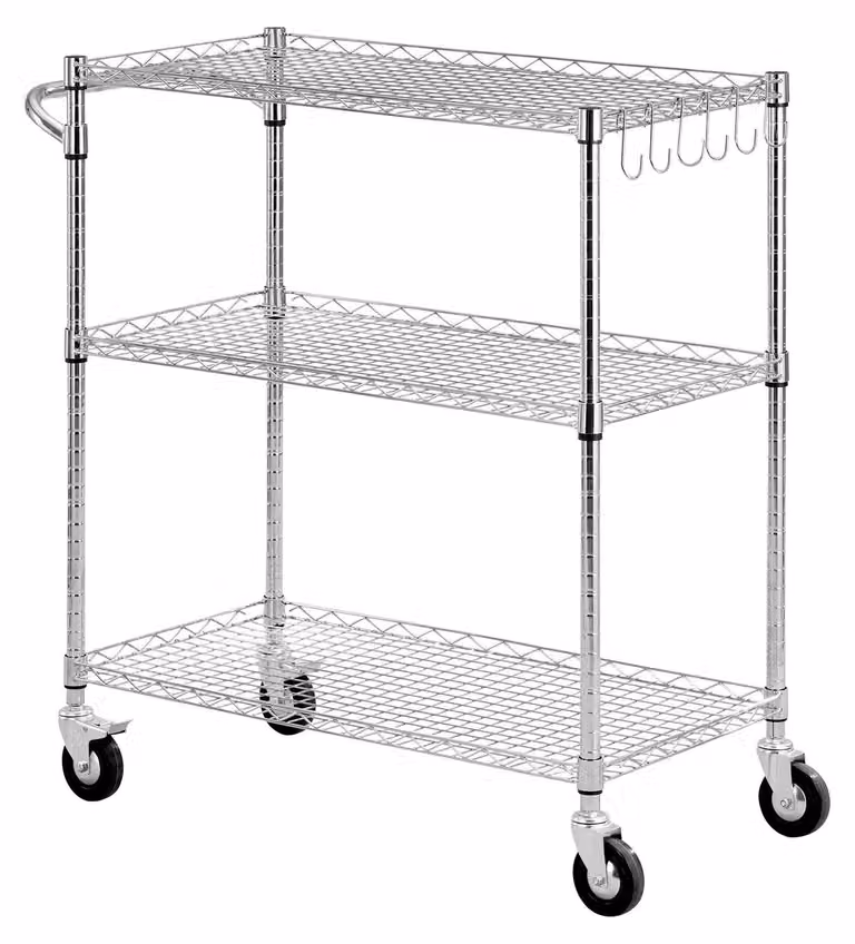 Carrello multiuso per la cucina, scaffalatura robusta a 3 livelli, regolabile, in filo metallico, carrello di servizio commerciale su ruote, tavolo da lavoro con maniglia, ideale per garage e lavanderia, dimensioni 89x45x104 cm