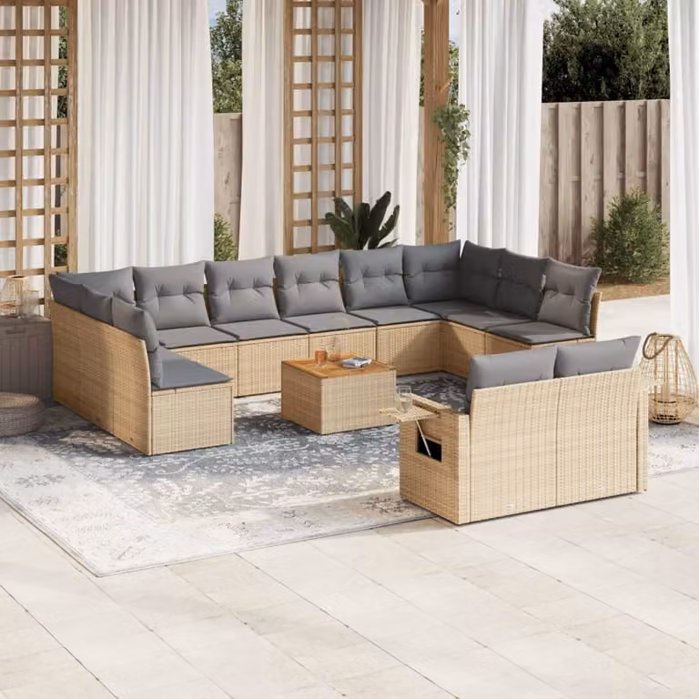 vidaXL Set Divano da Giardino 13 pz in Polyrattan con Cuscini Beige e Tavolino da Esterno