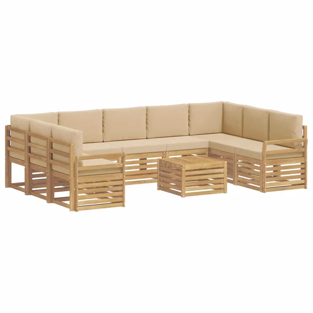 Set di divani da esterno a L con tavolino vidaXL, 10 pezzi, Bianco e Beige, in legno di acacia e tessuto – 2