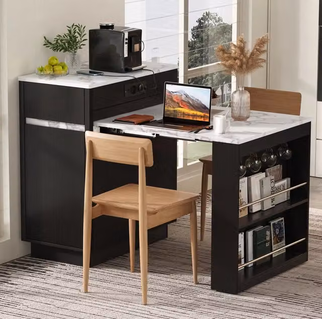 Isola da cucina ULEVR 58-154x80,5x94 cm con piano estraibile, LED e ricarica USB/Type-C, nera effetto marmo bianco