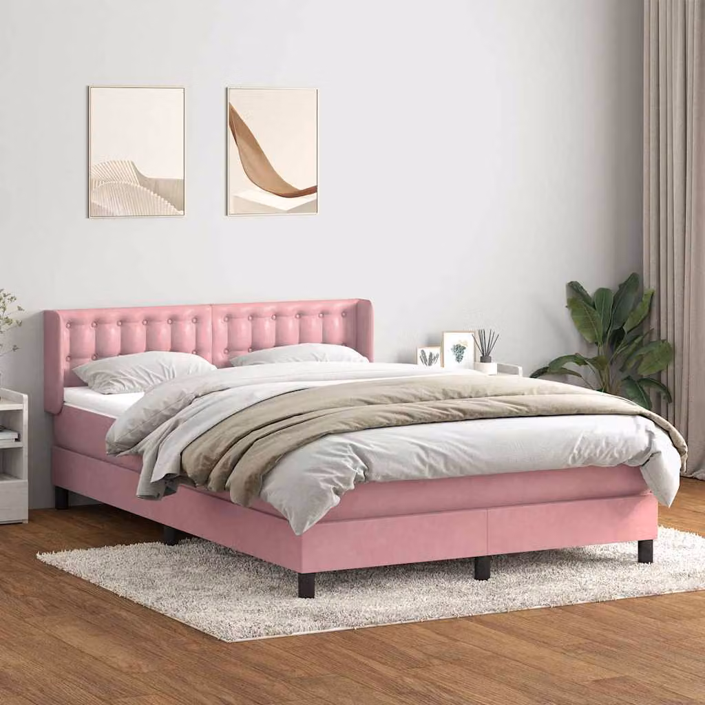 vidaXL Letto con Giroletto a Molle e Materasso Ibrido in Velluto Rosa e Bianco L: 163 cm, P: 213 cm, H: 88 cm