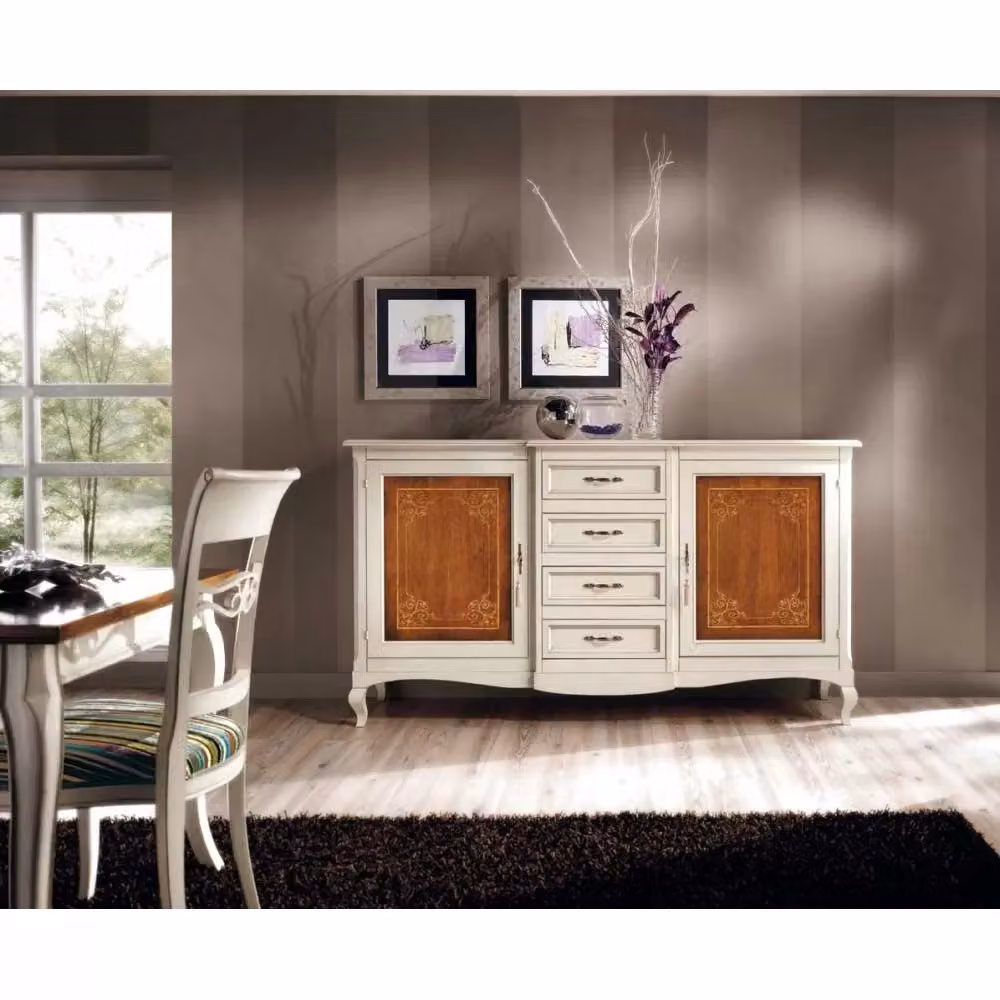 Credenza classica Mobili 2G con 2 porte e 4 cassetti in legno bicolore bianco e marrone L: 200 cm, P: 52 cm, H: 113 cm – 2