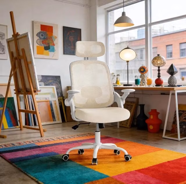 Sedia da ufficio ergonomica beige con poggiatesta e braccioli 3D