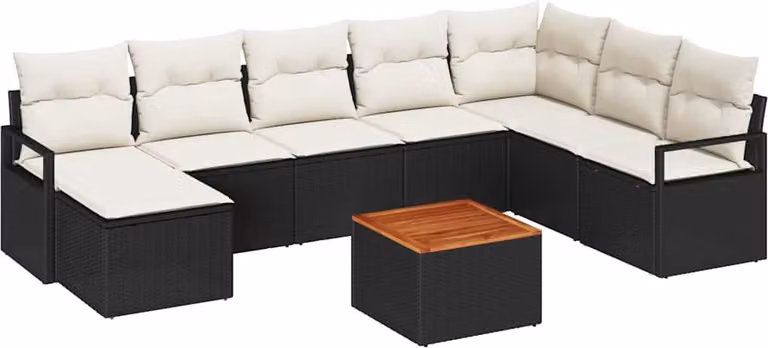 Set Divano da Giardino con cuscino 9 pcs Nero polyrattan