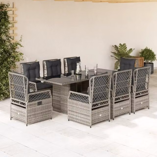 Set da Pranzo da Giardino 9 pz con Cuscini in Polyrattan Grigio 3262929