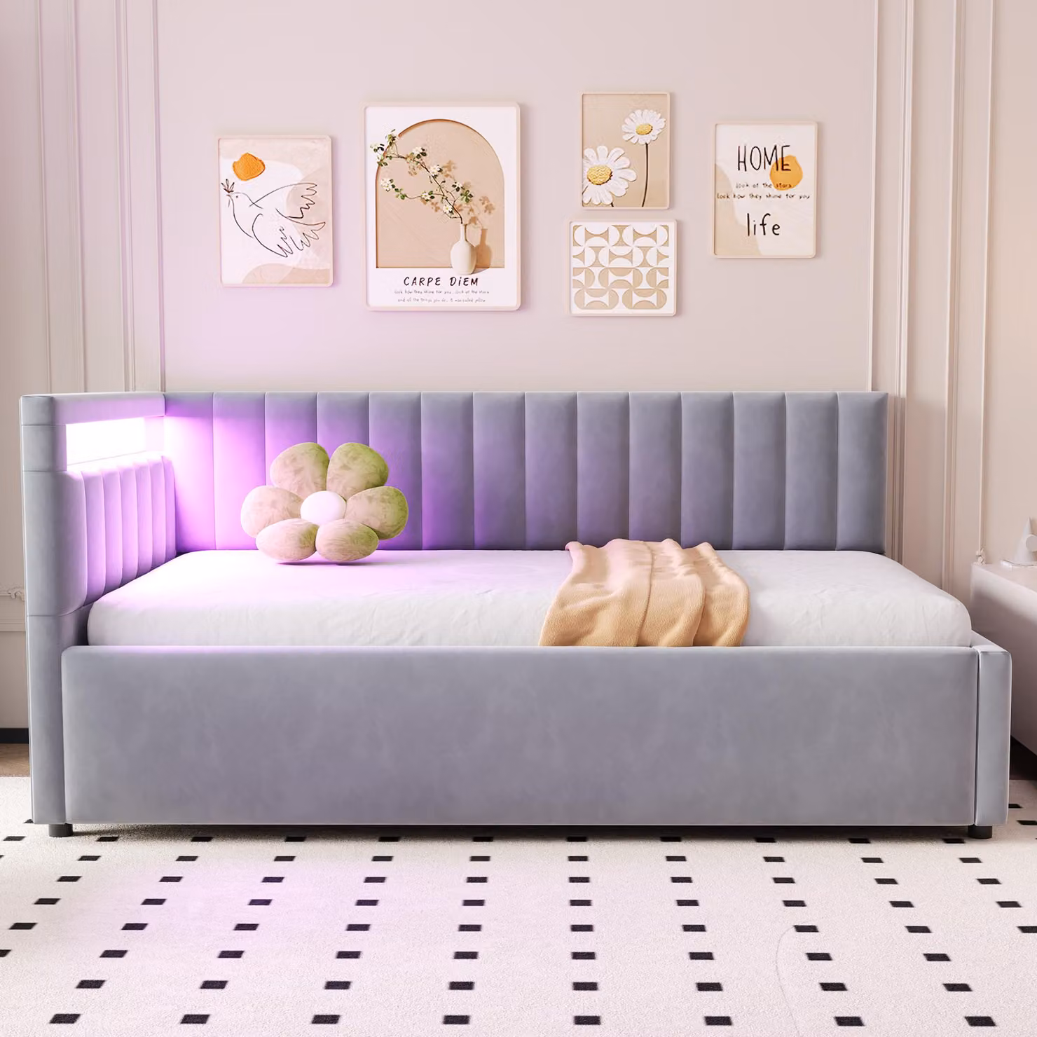 okwish divano letto 90x200cm letto per bambini imbottito con LED e vano portaoggetti, testate laterali con posizioni intercambiabili, tessuto velluto, senza materasso, grigio chiaro