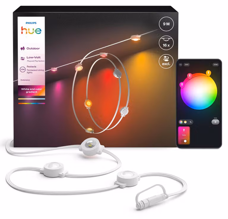 Philips Hue White and Color ambiance Catena luminosa Festavia, a luce fissa, 9 m, 16 lampadine, bianco, con prolunga, Bluetooth/Zigbee, Bianco, Plastica, 1000 K, 20000 K, 13 W