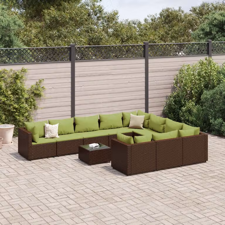 vidaXL Set Divani da Giardino 11 pz a Forma a U con Cuscini, Tavolino e Struttura in Metallo e Polyrattan, Marrone e Verde