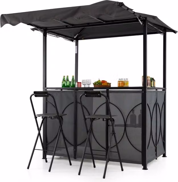 Set da giardino BBQ Design Mania composto da tavolo bar e 2 sgabelli pieghevoli in metallo Grigio e Nero